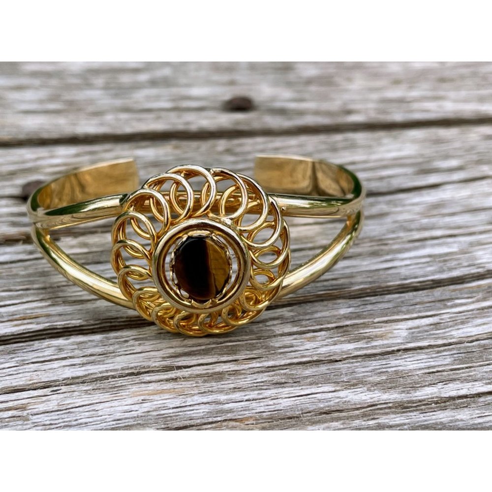 Vintage 1970s Cuff Bracelet Spiral Center tigers Eye, Boho Hippy